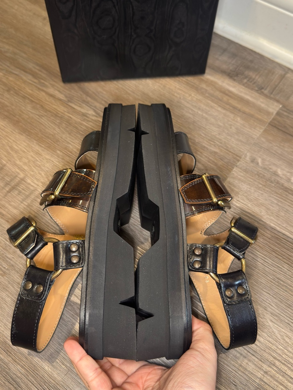 Dries Van Noten Buckle Black Brown Leather Dual Strap Platform Sandals - Picture 9 of 14